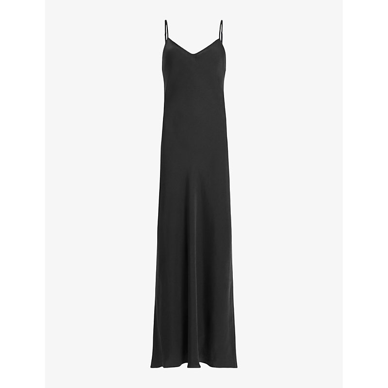 Allsaints Womens Black Bryony V-neck Bias-cut Recycled-polyester Midi Dress
