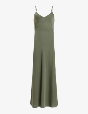 Allsaints Bryony V-neck Midi Slip Dress In Forest Green