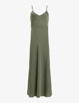 ALLSAINTS ALLSAINTS WOMEN'S FOREST GREEN BRYONY V-NECK BIAS-CUT RECYCLED-POLYESTER MIDI DRESS