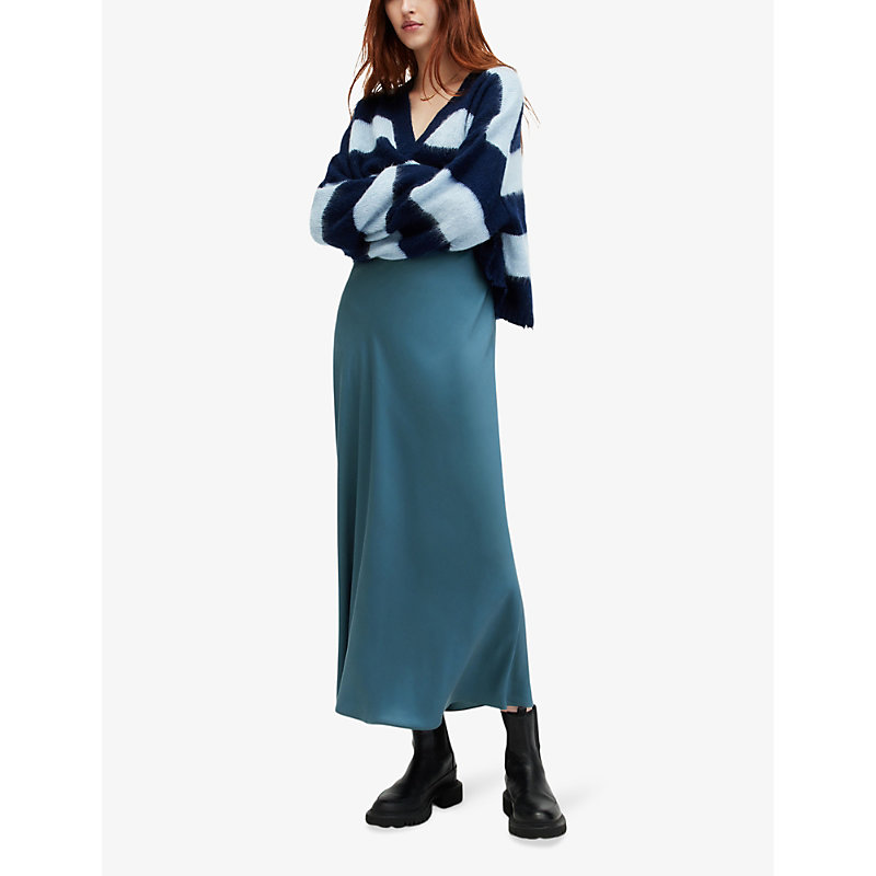 Shop Allsaints Bryony V-neck Bias-cut Recycled-polyester Midi Dress In Petrol Blue