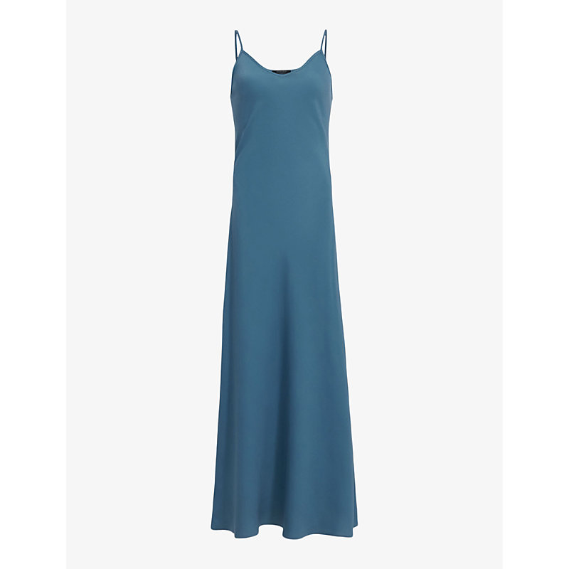 Shop Allsaints Bryony V-neck Bias-cut Recycled-polyester Midi Dress In Petrol Blue