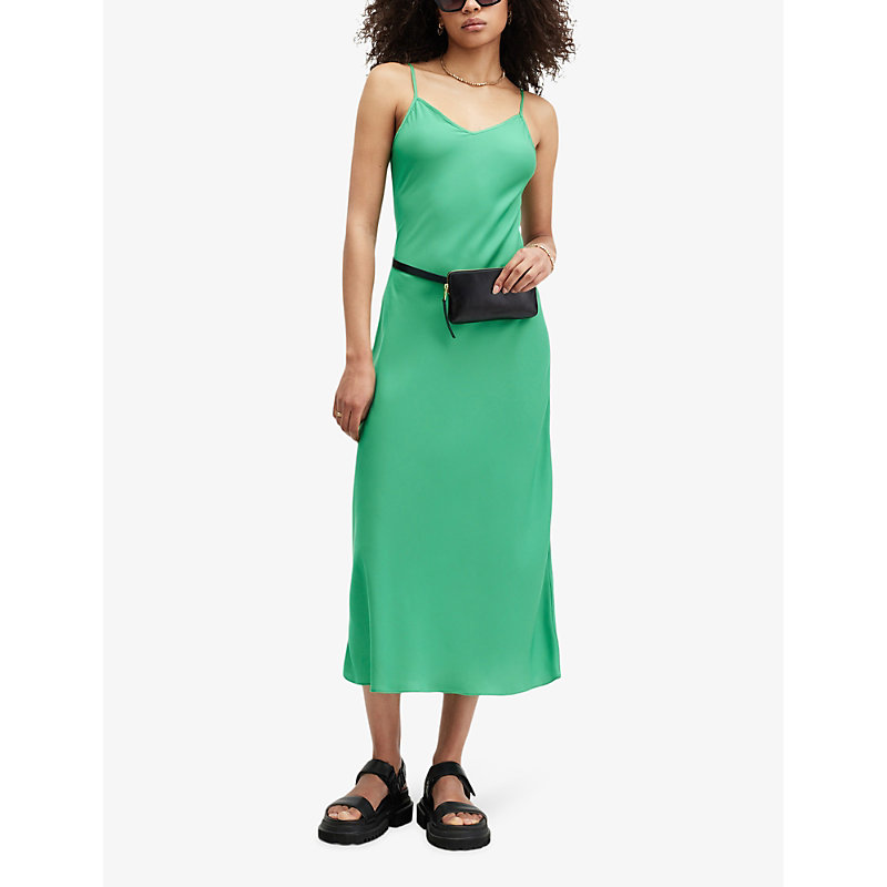 Shop Allsaints Women's Spectra Green Bryony V-neck Bias-cut Recycled-polyester Midi Dress