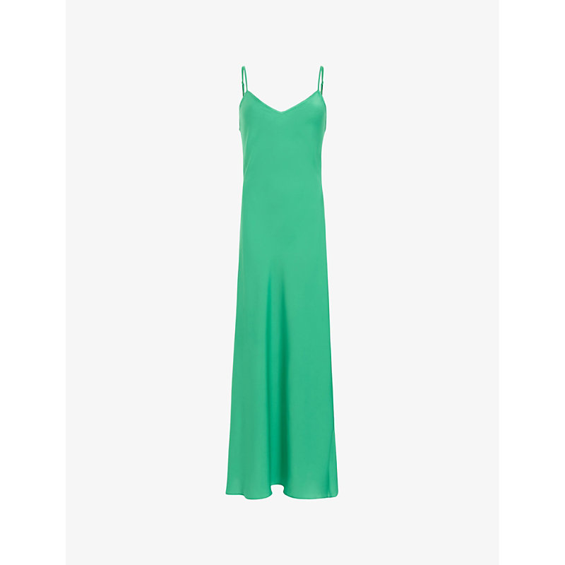 Allsaints Womens Spectra Green Bryony V-neck Bias-cut Recycled-polyester Midi Dress
