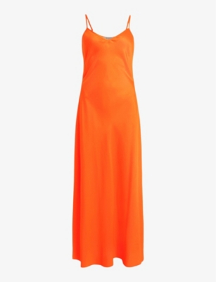 ALLSAINTS ALLSAINTS WOMEN'S ZESTY ORANGE BRYONY V-NECK BIAS-CUT RECYCLED-POLYESTER MIDI DRESS