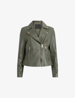 Allsaints Dalby Slim Fit Leather Biker Jacket In Deep Sage Gree