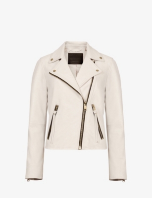 Shop Allsaints Women's Ivory White Dalby Stud-embellished Leather Biker Jacket