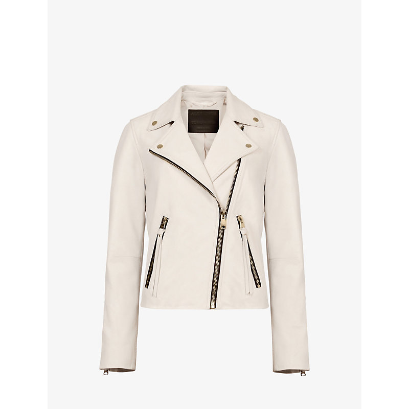 Shop Allsaints Dalby Stud-embellished Leather Biker Jacket In Ivory White