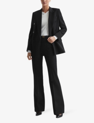 Shop Reiss Women's Black Claude Pinched-seam Flared-leg High-rise Stretch-woven Trousers