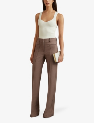 Shop Reiss Women's Mink Neutral Claude Pinched-seam Flared-leg High-rise Stretch-woven Trousers