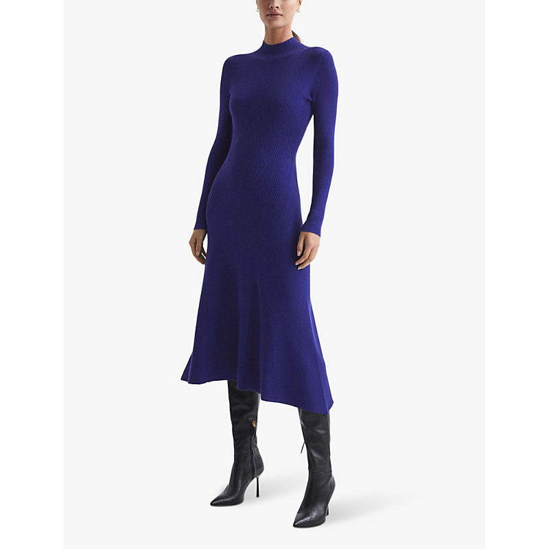 Shop Reiss Women's Blue Chrissy Ribbed Knitted Midi Dress