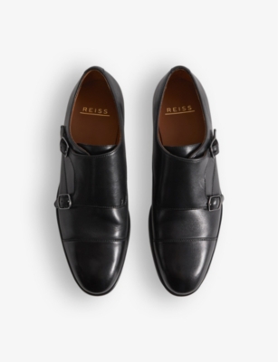 Shop Reiss Men's Black Amalfi Double-monk Strap Leather Shoes