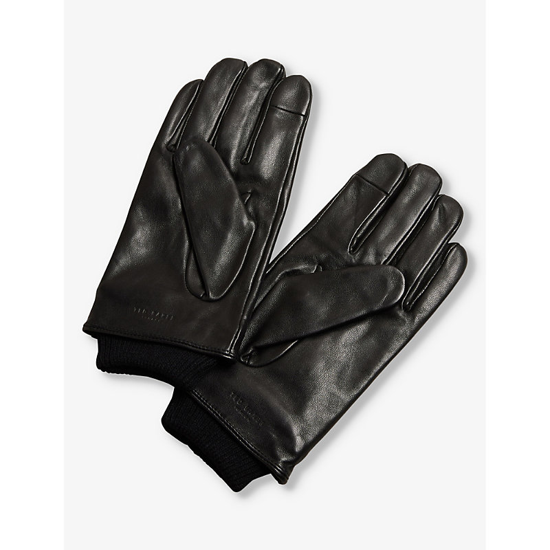 Shop Ted Baker Men's Black Ballat Logo-debossed Ribbed-cuff Leather Gloves
