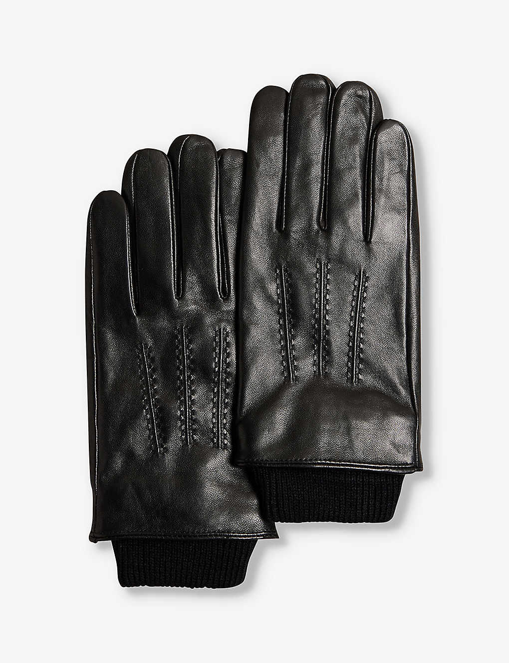 Ted Baker Mens Black Ballat Logo-debossed Ribbed-cuff Leather Gloves