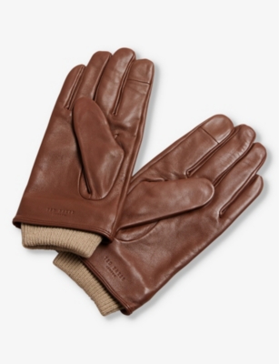 Shop Ted Baker Mens Brown Ballat Logo-debossed Ribbed-cuff Leather Gloves