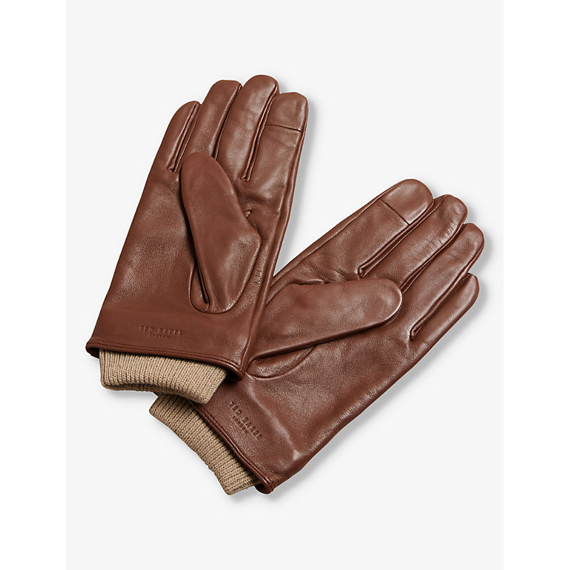 Shop Ted Baker Men's Brown Ballat Logo-debossed Ribbed-cuff Leather Gloves