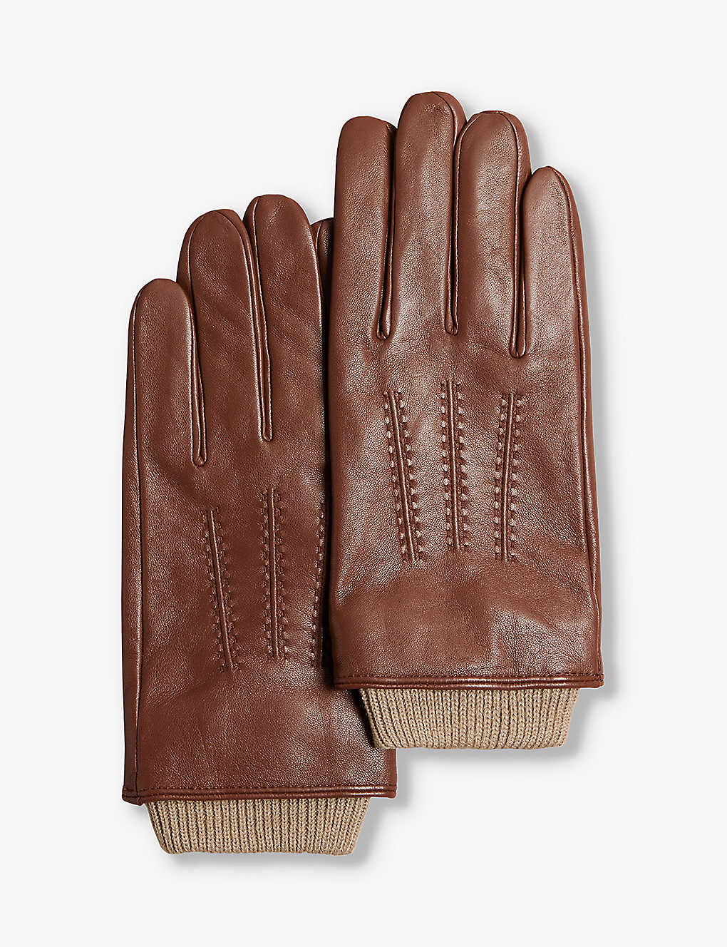 Ted Baker Mens Brown Ballat Logo-debossed Ribbed-cuff Leather Gloves