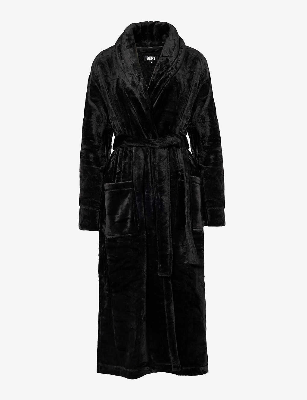 Dkny Womens Black Relaxed-fit Logo-embroidered Fleece Robe