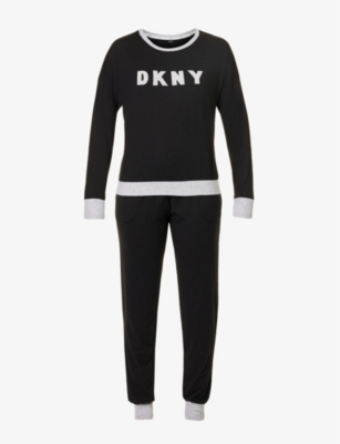 Dkny Womens Black Branded Long-sleeved Cotton-blend Pyjamas