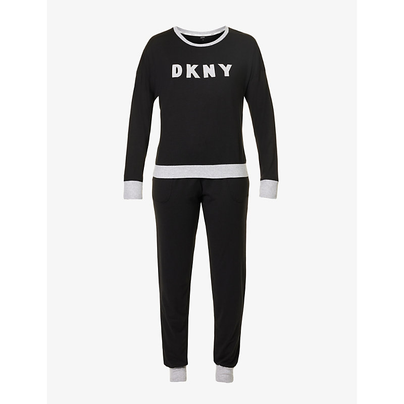 Dkny Womens Black Branded Long-sleeved Cotton-blend Pyjamas