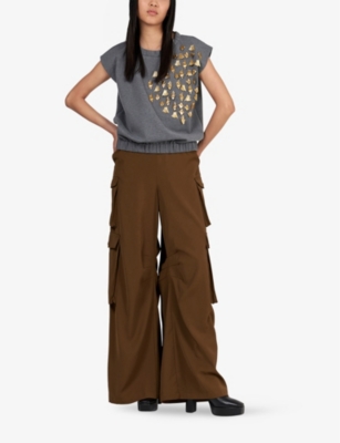 Shop Leem Womens Patch-pocket Wide-leg Mid Rise Woven Trousers Tan In Brown