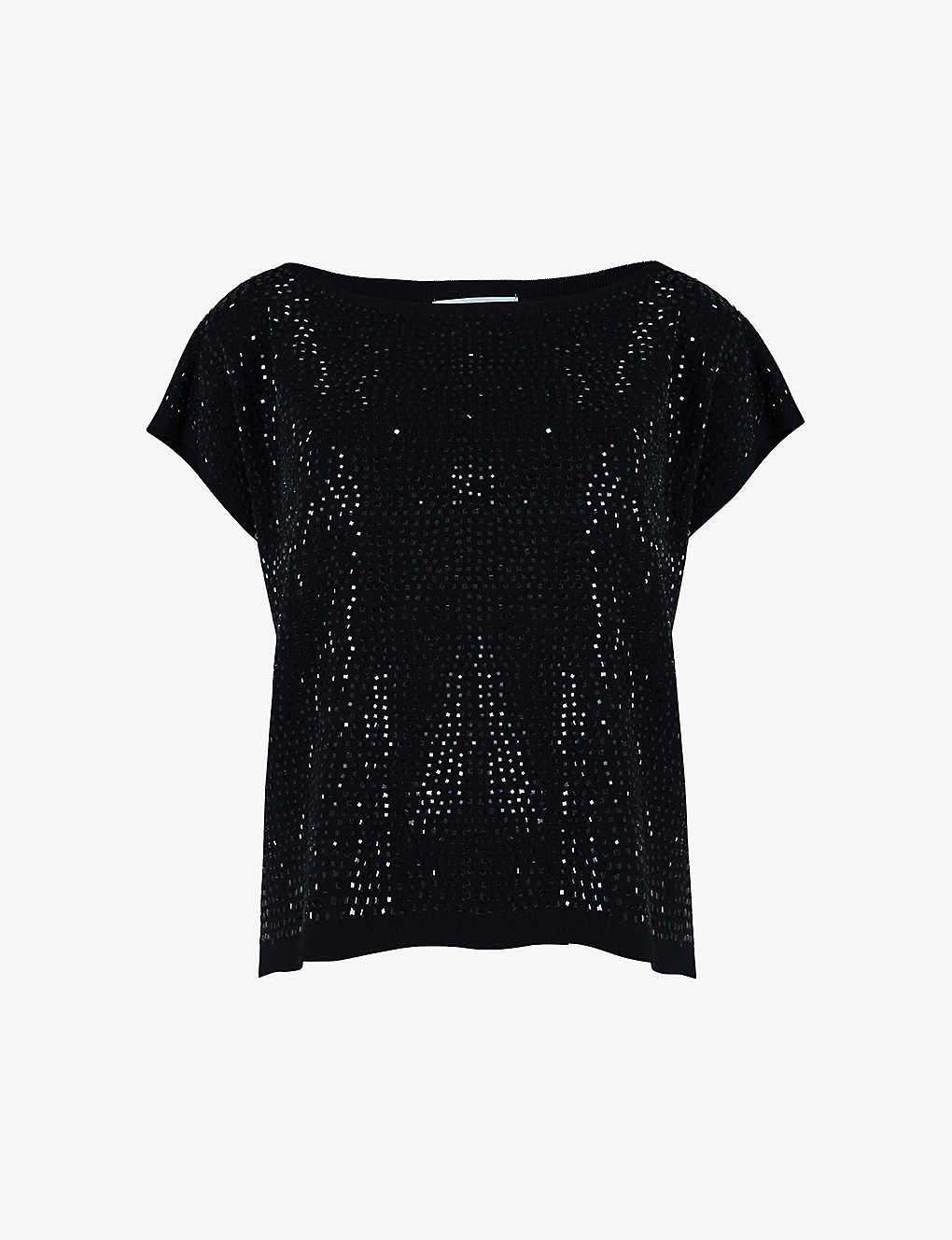 Leem Womens Black Crystal-embellished Short-sleeve Knitted Top