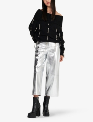 Shop Leem Women's Silver Wide-leg Mid-rise Metallic Faux-leather Trousers