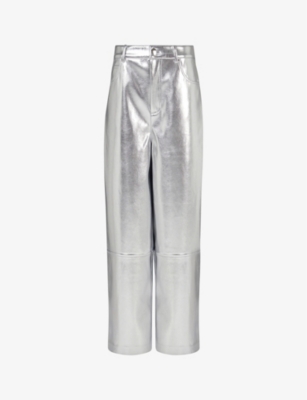 Leem Womens Silver Wide-leg Mid-rise Metallic Faux-leather Trousers