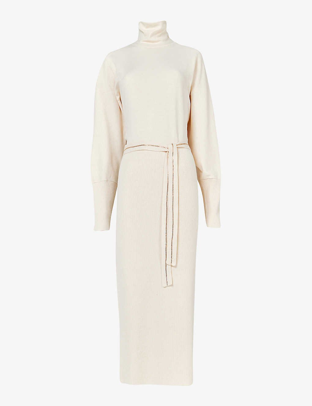 Leem Womens Off White High-neck Belted Knitted Midi Dress