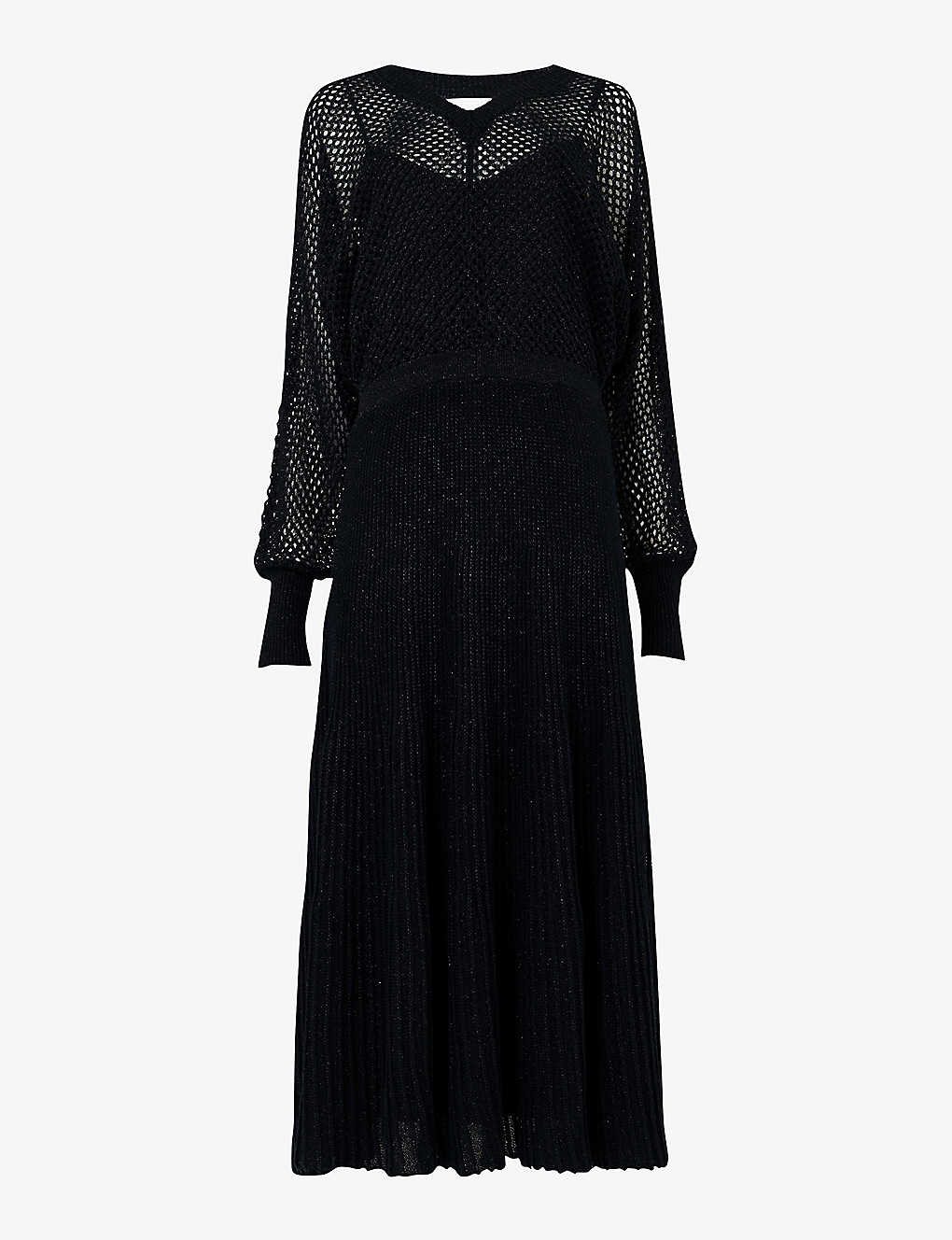 Leem Womens Black V-neck Long-sleeved Knitted Maxi Dress