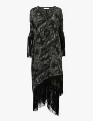 LEEM: Paisley-print fringe-trim wool midi dress