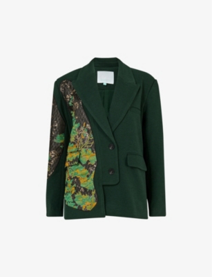 Leem Womens Green F Embroidered-panel Single-breasted Woven Blazer