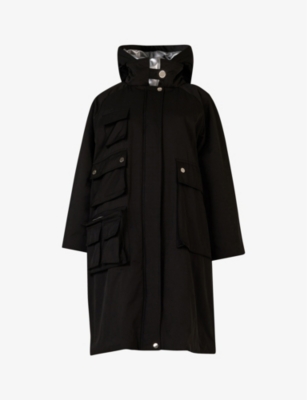 Leem Womens Black Silv Patch-pocket Hooded Cotton-blend Coat