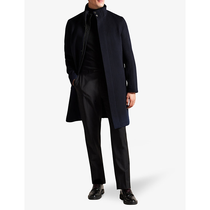 Shop Ted Baker Funnel-neck Straight-fit Wool-blend Coat In Navy