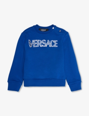 Shop Versace Logo Text-print Cotton-jersey Sweatshirt 9-36 Months In Bed Time+white