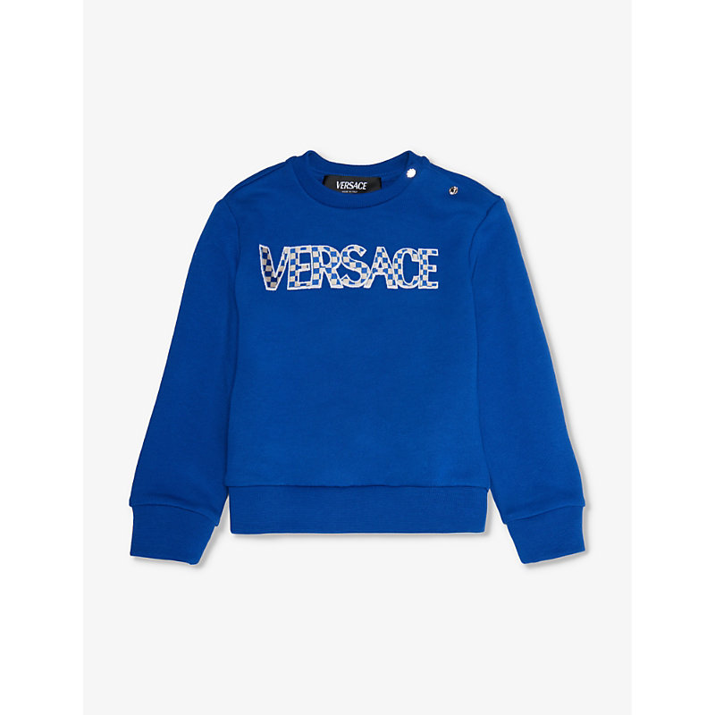 Shop Versace Logo Text-print Cotton-jersey Sweatshirt 9-36 Months In Bed Time+white