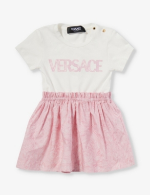 Versace Babies' Barocco-logo Print Stretch-cotton Dress 6-12 Months In White+pink
