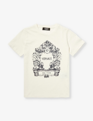 Versace Kids' Stemma Logo-print Cotton-jersey T-shirt In White+navy