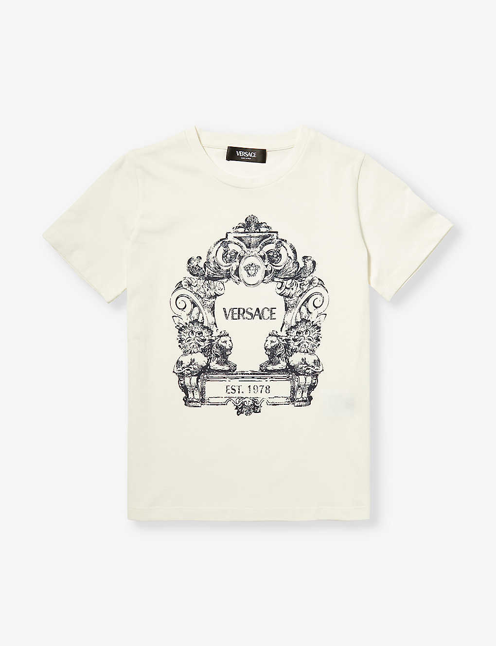 Versace Kids' Stemma Logo-print Cotton-jersey T-shirt In White+navy