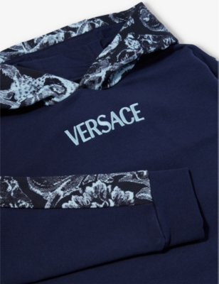 Shop Versace Boys Navy+light Blue Kids Barocco Logo-print Cotton-jersey Hoody 8-14 Years
