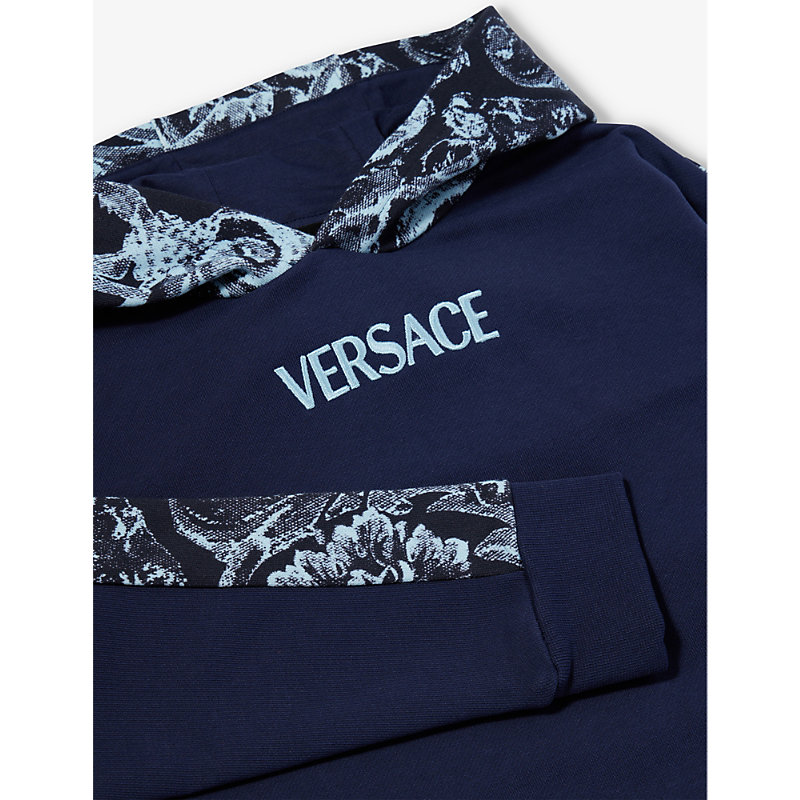 Shop Versace Boys Navy+light Blue Kids Barocco Logo-print Cotton-jersey Hoody 8-14 Years