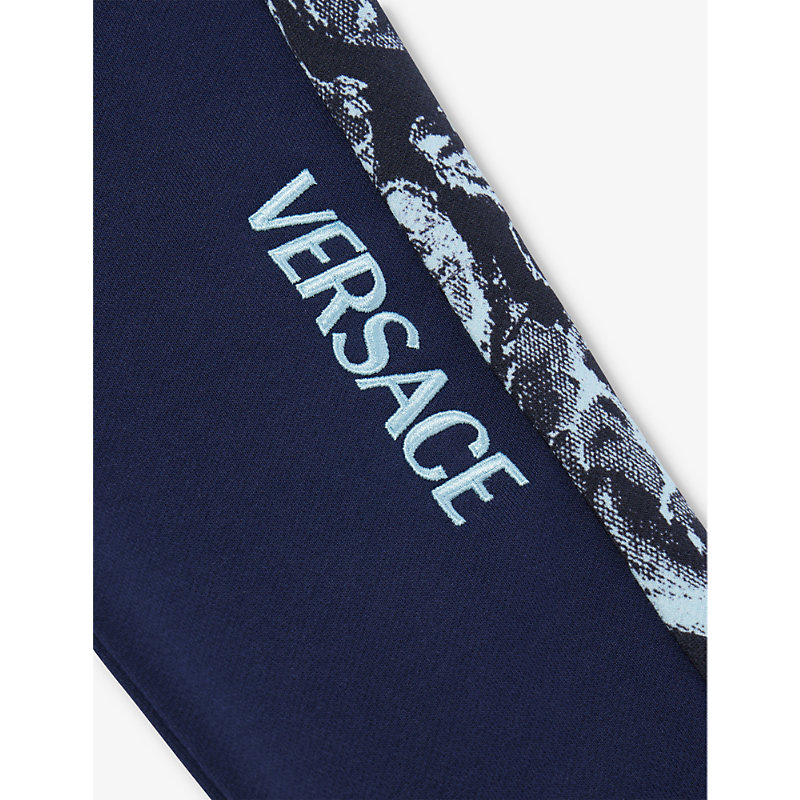 Shop Versace Boys Navy+light Blue Kids Barocco And Brand-embroidered Cotton-jersey Jogging Bottoms 8-14 Y