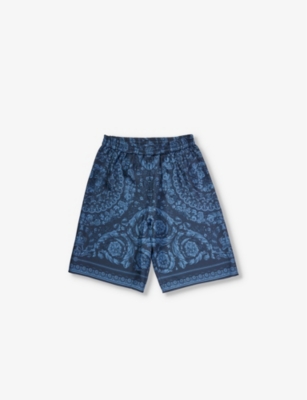 Shop Versace Boys Vy Blue Kids Barocco-print Silk Shorts 12-14 Years In Navy Blue