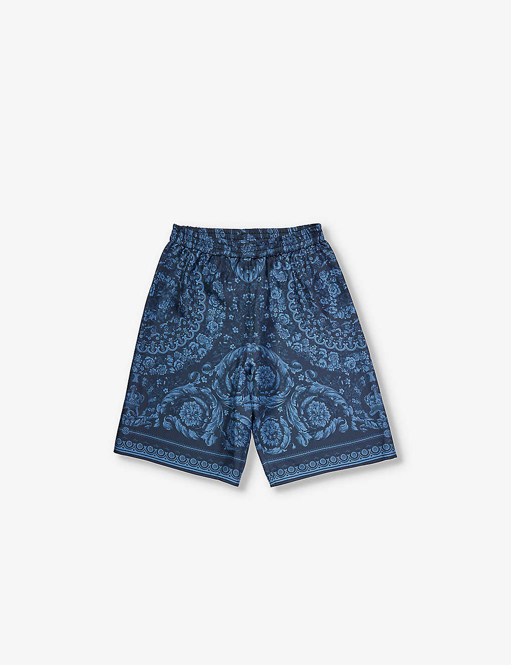Shop Versace Barocco-print Silk Shorts 12-14 Years In Navy Blue