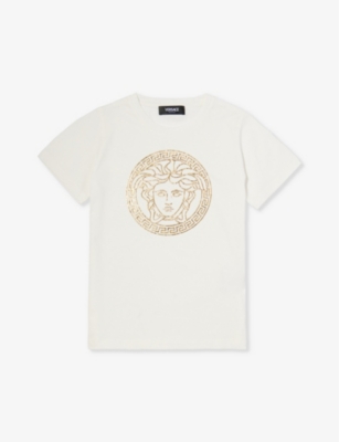 Versace Kids' Medusa-print Short-sleeve Cotton-jersey T-shirt 8-14 Years In White+gold