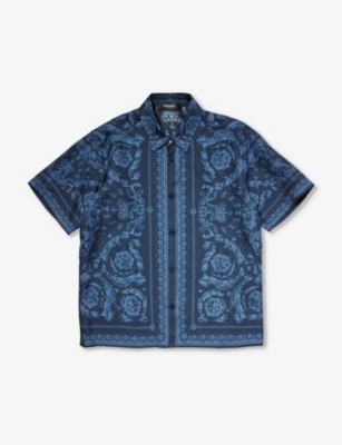 Shop Versace Boys Navy Blue Kids Barocco-print Silk Shirt 12-14 Years