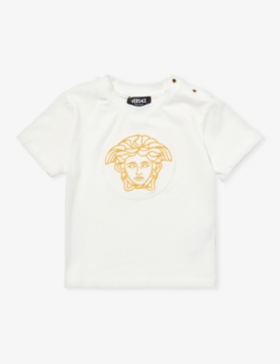 Versace Kids' Medusa-embroidered Logo Stretch-cotton T-shirt 8-14 Years In White