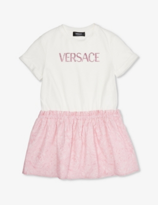 Shop Versace Girls White+pink Kids Barocco Brand-embellished Stretch-cotton Dress 4-12 Years