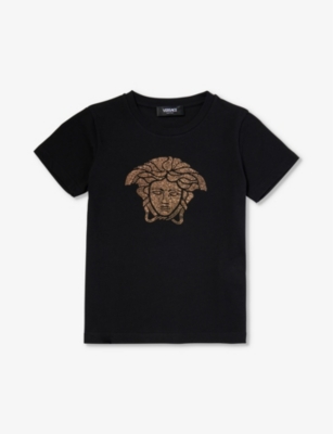 Versace Teen Girls Black Cotton Medusa T-shirt In Black+gold