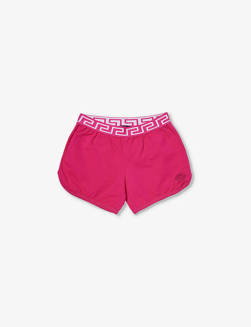 Shop Versace Girls Fuxia+fuxia Kids Logo-embroidered Elasticated-waist Stretch-cotton Shorts 8-14 Years In Bright Pink/fuchsia
