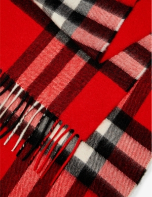Shop Burberry Womens Red Giant Check Tasselled-trim Cashmere Scarf